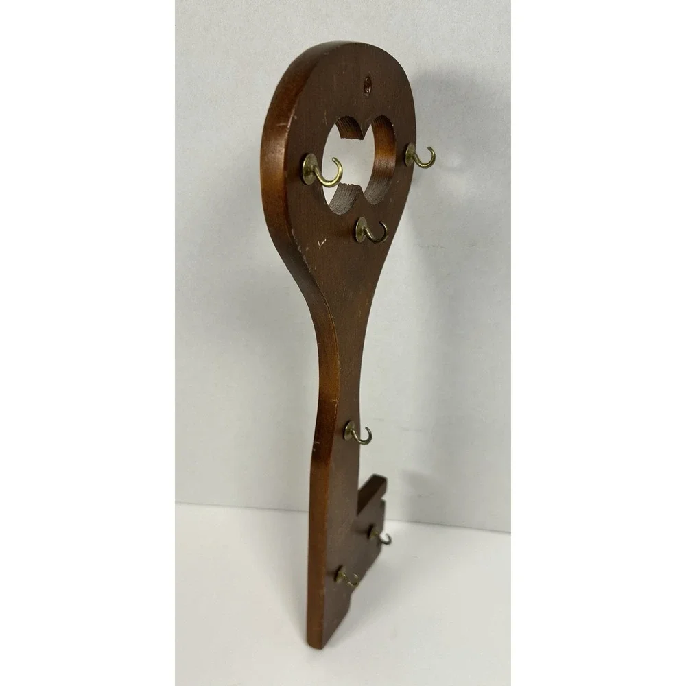 VTG Wooden Key Hook Skeleton Key Shape Brass Hooks MCM 13
